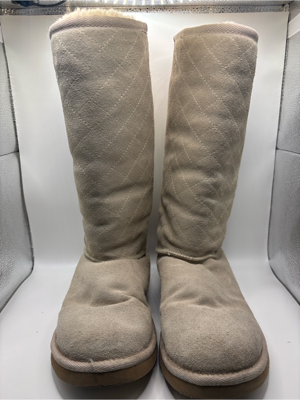 Vintage UGG Women's Tan & Cream Suede Winter Boots with diamond quilted design